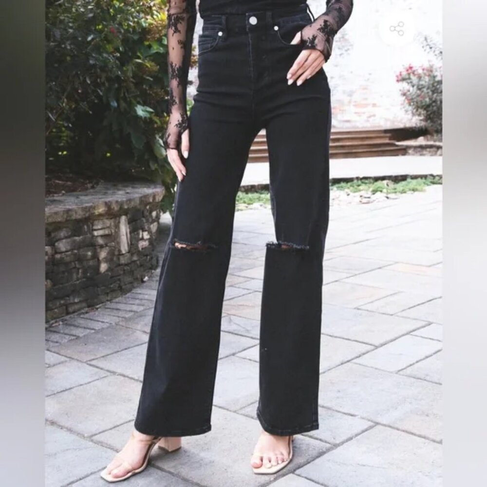 BLANKNYC The Franklin Jeans Womens 25 Black Ribcage Wide Leg Distressed Denim